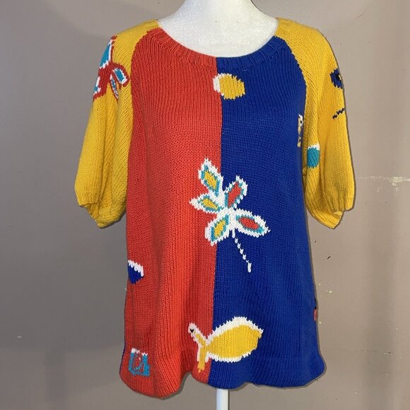 Vtg Marisa Christina Floral Hand Knit Sweater Whimsy Granny Retro Colorblock Lrg - Picture 1 of 8